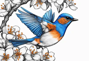 bluebird lifting off of branch with orange blossoms tattoo idea