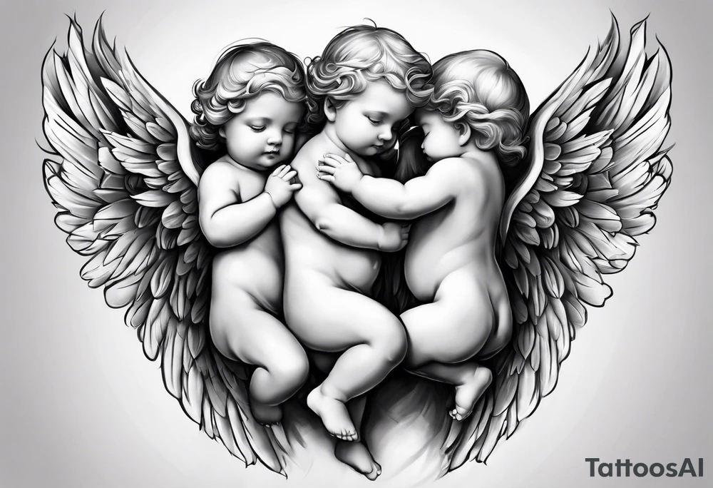 three angels holding hands, no color, realistic inside of bicep, baby angels tattoo idea