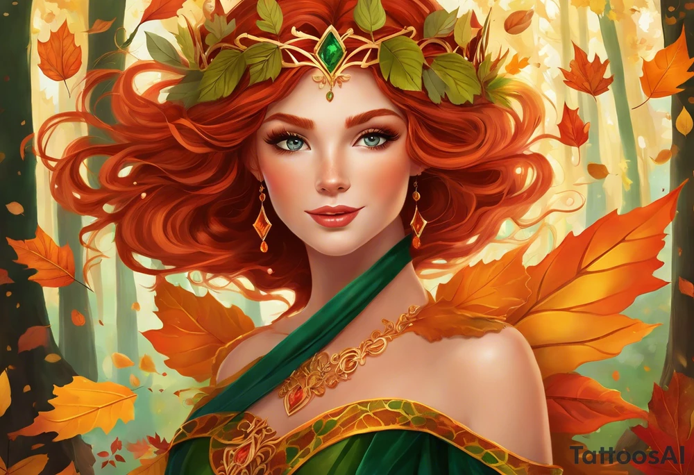 A auburn haired fairy in the middle of a forest during the peak of autumn, twirling in a whirlwind of autumn leaves. The fairy's hair is auburn with copper colors and a crown of gold, orange, and red leaves adorning her head. Her eyes are emerald green with gold flecks, ruby lips and pale skin. Her dress a coppery orange, with leaves scattered on it. The fairly is swirling in a pile of leaves with arms raised high tattoo idea