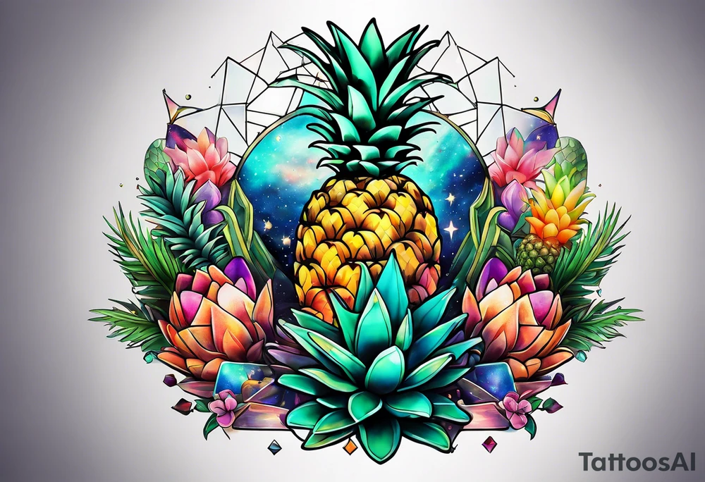 tattoo of glass animals in Amsterdam canal featuring colours of galaxies and the universe and pineapples tattoo idea