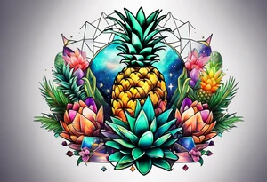 tattoo of glass animals in Amsterdam canal featuring colours of galaxies and the universe and pineapples tattoo idea