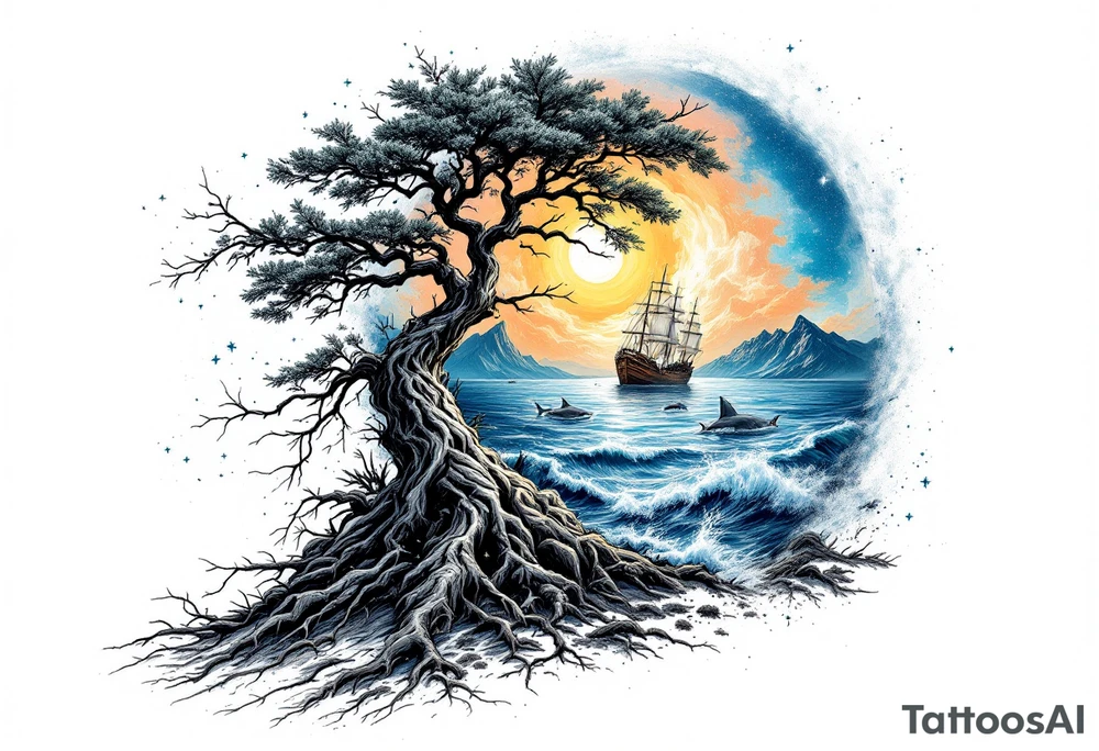tattoo that has an acacia tree with mountains, ocean with a ship wreck with sharks and the northern star tattoo idea