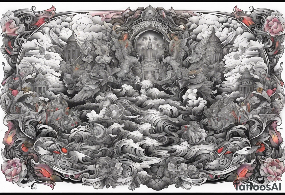 heaven and hell with angels and demons arm sleeve tattoo idea
