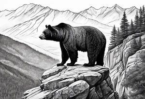 Large thigh tattoo, realism, black and white, black bear standing on a cliff with the valley as the background tattoo idea