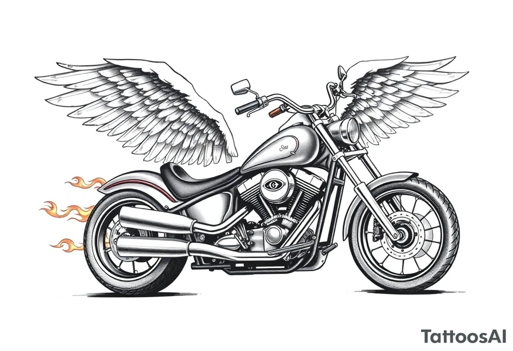 Low rider grey motorcycle, big muffler pipes with flames, angel wings, driving away, no person tattoo idea