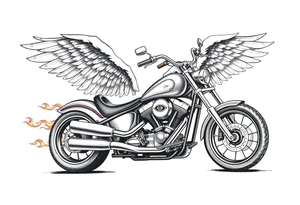 Low rider grey motorcycle, big muffler pipes with flames, angel wings, driving away, no person tattoo idea