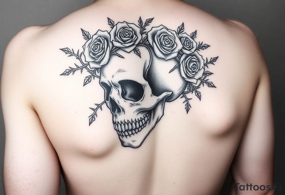 ornate skull adorned with crown of wild roses and thorns tattoo idea