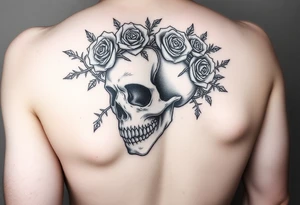 ornate skull adorned with crown of wild roses and thorns tattoo idea