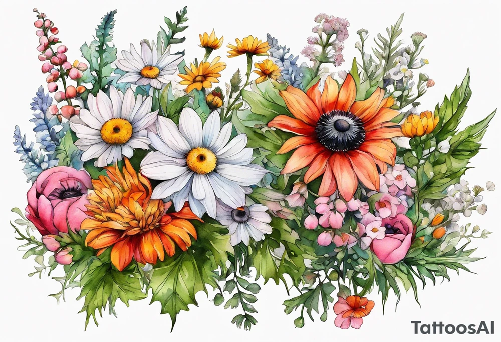 wildflowers cascading with thistles, ferns, white anemones, sun flowers, orange flowers, pink flowers, red flowers, babys breath and daisies all in watercolor tattoo idea