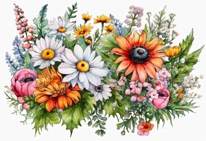 wildflowers cascading with thistles, ferns, white anemones, sun flowers, orange flowers, pink flowers, red flowers, babys breath and daisies all in watercolor tattoo idea