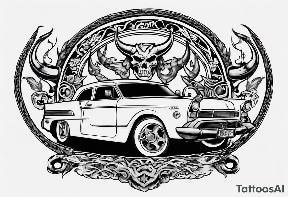 I want a tattoo of an old vintage open ceiling car and a vaking in the back with the name “Viking Customs” incorporated in the design tattoo idea