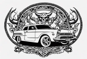 I want a tattoo of an old vintage open ceiling car and a vaking in the back with the name “Viking Customs” incorporated in the design tattoo idea