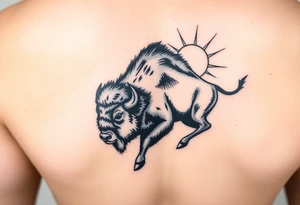 Feminine Buffalo side view running into a storm, Stanford logo as a brand, sunshine on the other side the buffalo is running towards tattoo idea