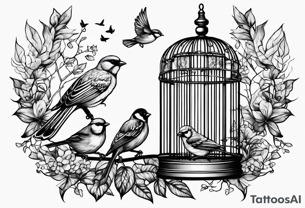 bird cage decorated with sketchy foliage on top on the left tattoo idea