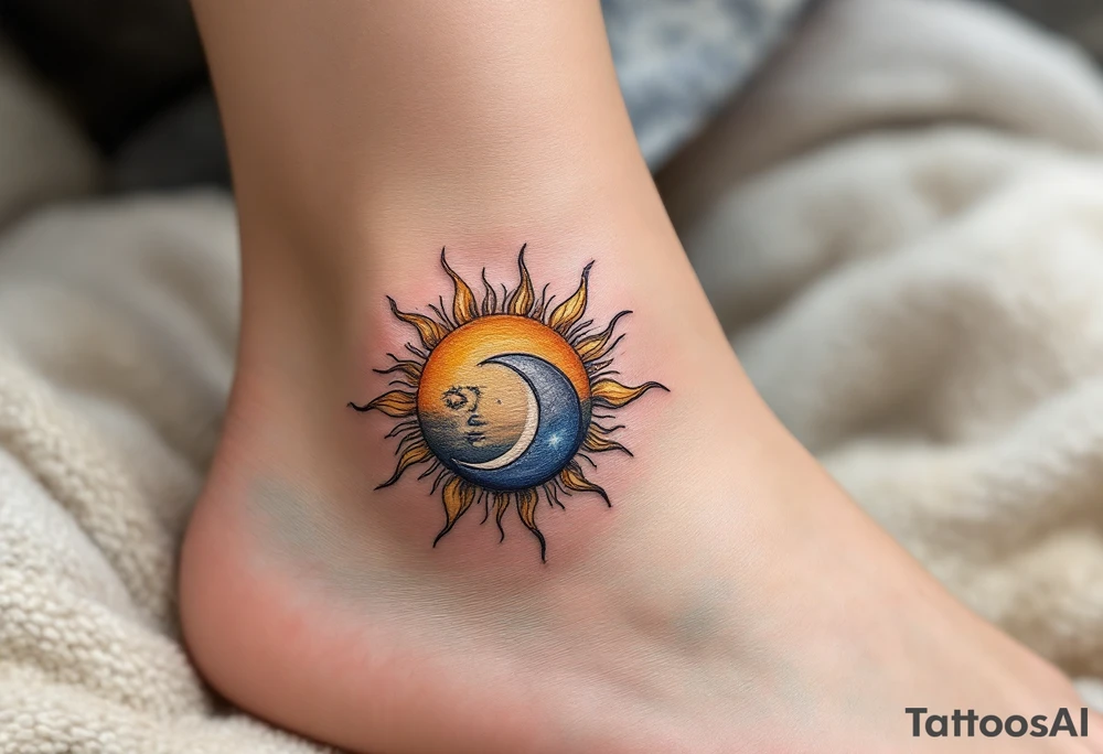 A golden sun and silver moon on each partner’s ankle represent balance and eternal connection. tattoo idea