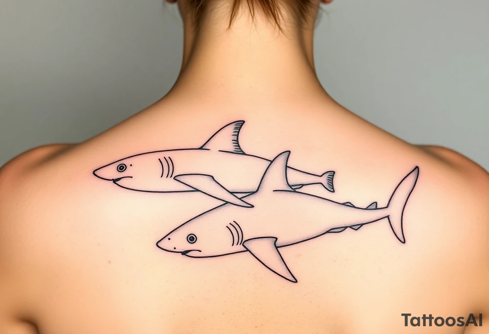 one lemon shark and one whale shark swimming laterally up the spine tattoo idea
