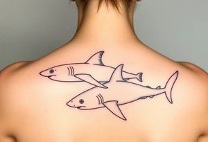 one lemon shark and one whale shark swimming laterally up the spine tattoo idea