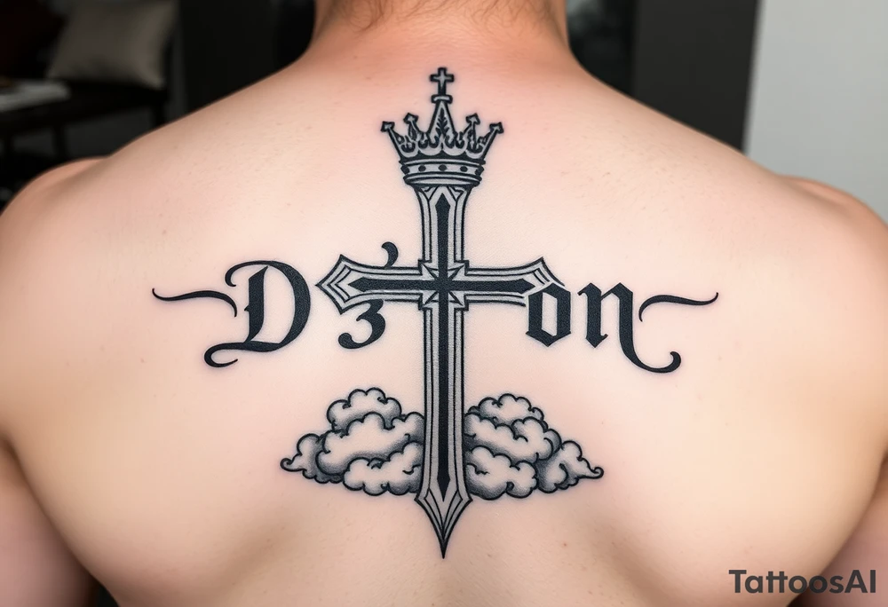Name D3von with a cross behind it and clouds on the bottom of the cross and a crown on top of cross tattoo idea