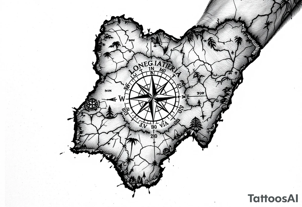 Compass on the back of the palm in the shape of Nigeria with longitude written on the top and latitude written on the bottom. Draw lines from a treasure map connecting from the arm to the tattoo tattoo idea