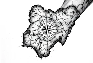 Compass on the back of the palm in the shape of Nigeria with longitude written on the top and latitude written on the bottom. Draw lines from a treasure map connecting from the arm to the tattoo tattoo idea