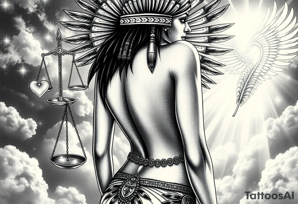 Sexy Egyptian goddess with a curvy body, slightly turned So you can see her ass. She is wearing an ostrich feather headdress, and intricate ancient Egyptian jewelry. Background includes something similar to heaven. Incorporate the Scales of Justice—one side holding a heart, the other Ma’at’s feather—glowing with ethereal energy. Emphasize dramatic lighting, deep shadows, and surreal, mystical atmosphere tattoo idea
