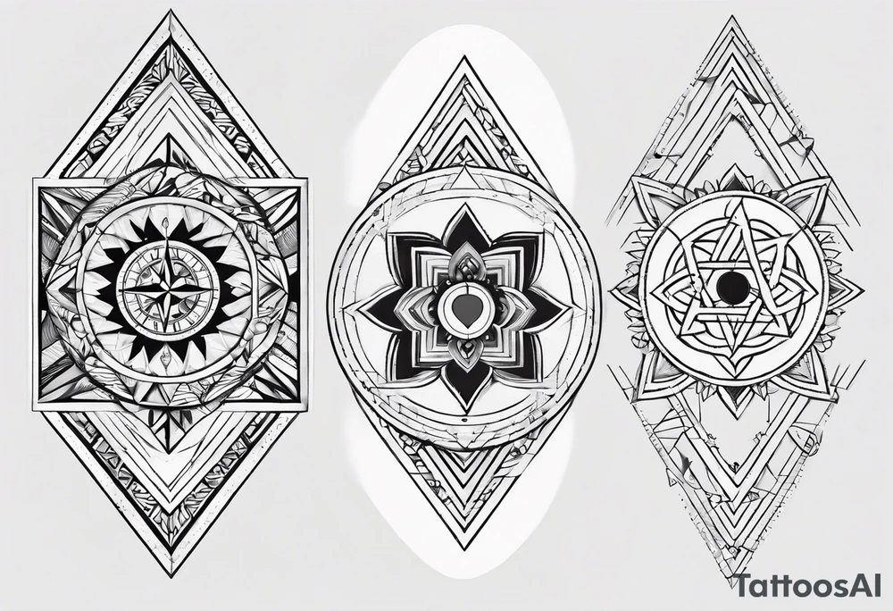 Fine line tattoo in the left forearm on the bottom side. The tattoo will have three shapes placed in a triangle formation. The top shape will be a geometric heart that symbolizes health. The bottom left will have a compass rose as a symbol for purpose. The bottom right will have three circles placed in a triangle formation to symbolize family. Tattoo should be minimalist with just the shapes filled in and no ornaments tattoo idea