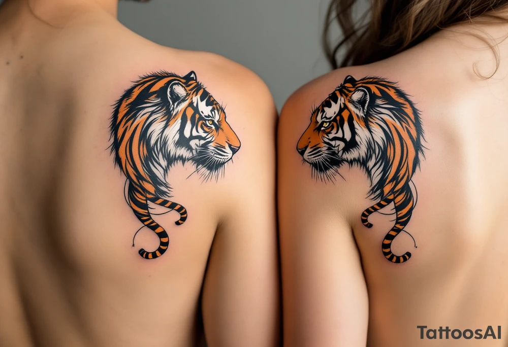 Matching couple orange and black tiger stripes wrapping around both partners upper arms tattoo idea