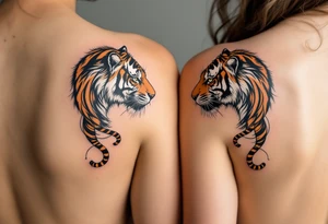 Matching couple orange and black tiger stripes wrapping around both partners upper arms tattoo idea