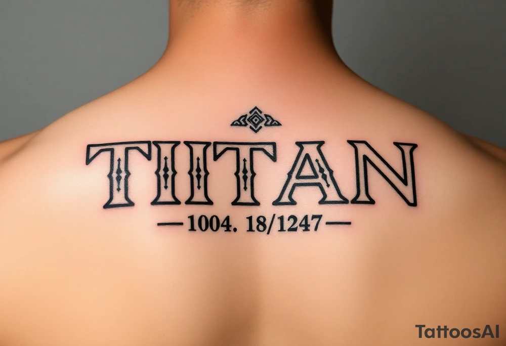 Name ‘Titan’ with birthday, Greek mythology inspired font tattoo idea