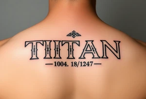 Name ‘Titan’ with birthday, Greek mythology inspired font tattoo idea