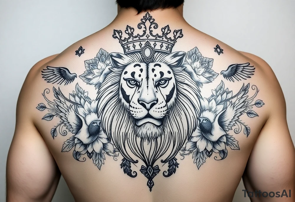 powerful majestic lion with a crown, surrounded by floral ornaments and birds tattoo idea