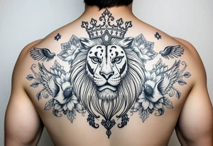 powerful majestic lion with a crown, surrounded by floral ornaments and birds tattoo idea