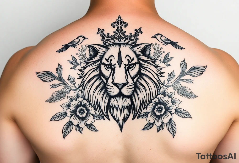 powerful majestic lion with a crown, surrounded by floral ornaments and birds tattoo idea