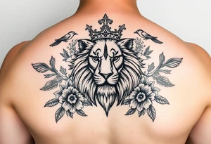 powerful majestic lion with a crown, surrounded by floral ornaments and birds tattoo idea