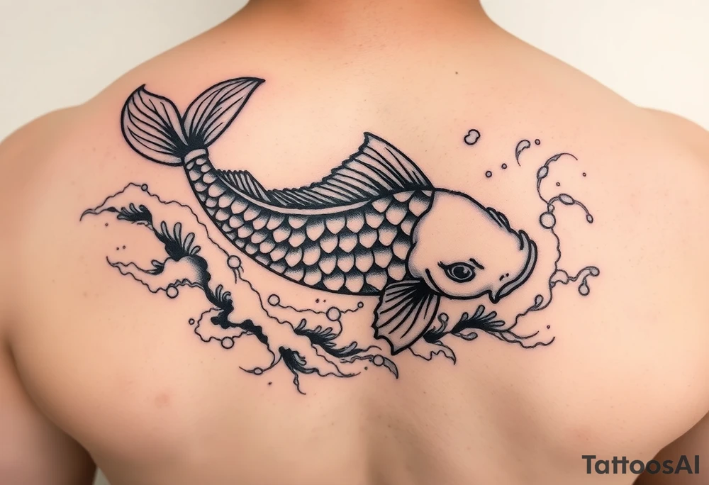 traditional koi fish swimming upstream through turbulent waves tattoo idea