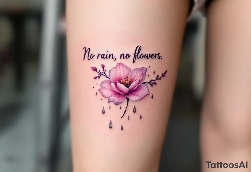 “No rain, no flowers” in elegant purple script, paired with a delicate pink blossom and gray raindrops. tattoo idea
