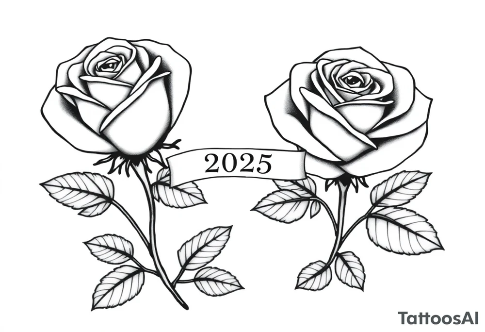 two beautiful large rose buds, one larger than the other, with many leaves next to the rose buds, with one sitting higher than the other. Include a banner connecting the two roses with the year "2025" on it.   Use dark outlines with little shading. The two stems should be short, not long, and connect and join into one stem, whimsically curved or twisted - not straight down. tattoo idea