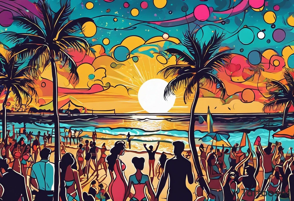 1960'S BEACH DANCE PARTY 
party, include confetti, music notes, 
, bikinis sunset in the center tattoo idea