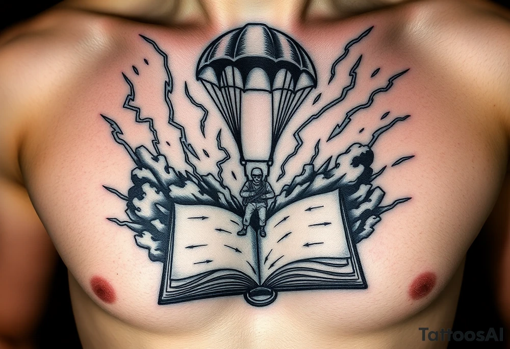 A parachuting soldier landing into an open book. Chaos surrounding, but the book is protecting the soldier from it. On the chest. Make the tattoo smaller. Make it thought provoking. Make the chaos in the environment be a thunderstorm. Make the pages in the book be blank and the book be decorated tattoo idea