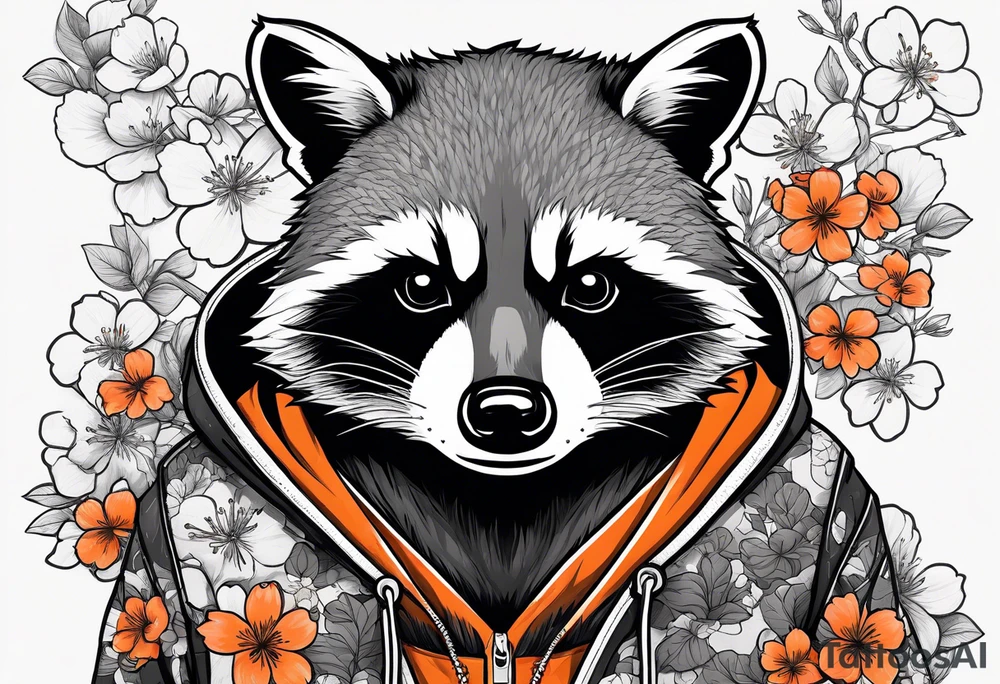 raccoon wearing a black and white Superman hoodie and orange Japanese cherry blossoms tattoo idea