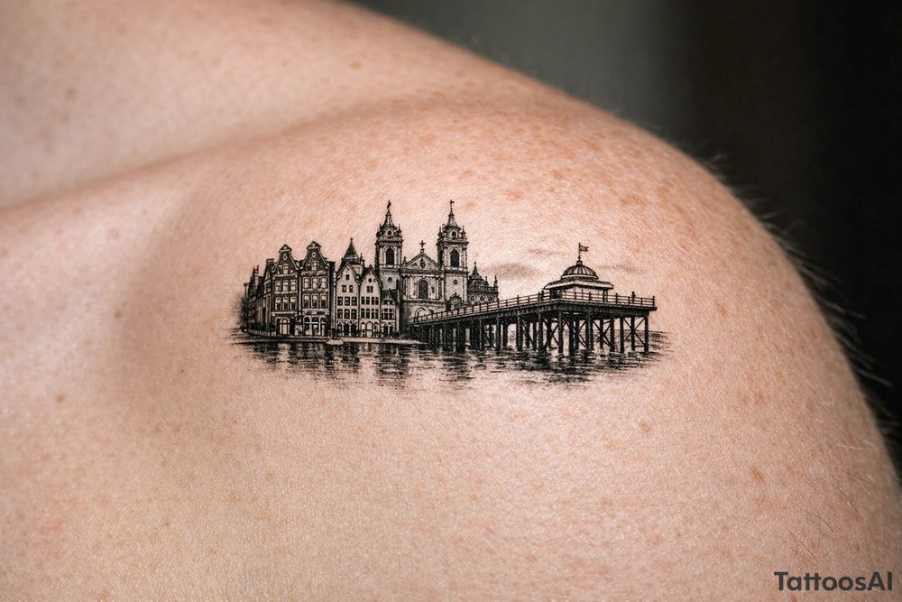 Cityscape silhouette of Amsterdam canal houses and Braga cathedral, with New Brighton pier. tattoo idea