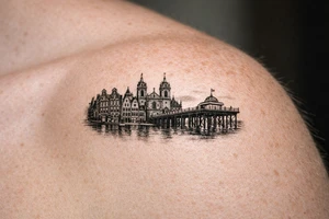 Cityscape silhouette of Amsterdam canal houses and Braga cathedral, with New Brighton pier. tattoo idea