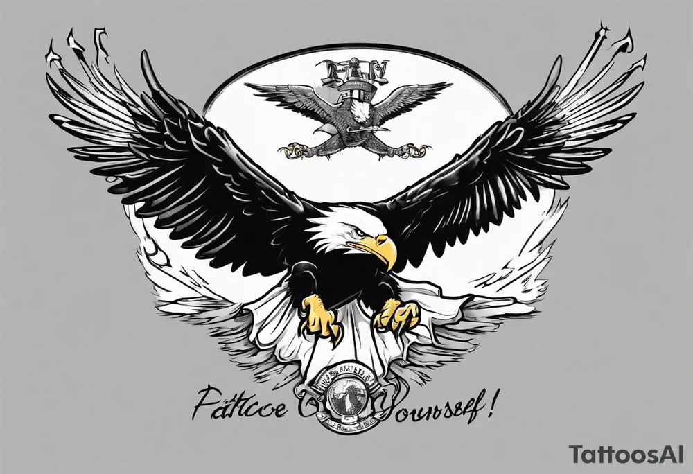 divebombing bald eagle
, with the words "you shall prove yourself in the bitter end" along the top and on the bottom the words "but for now, brace yourself." tattoo idea