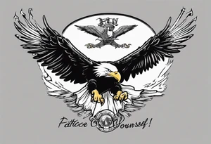 divebombing bald eagle
, with the words "you shall prove yourself in the bitter end" along the top and on the bottom the words "but for now, brace yourself." tattoo idea