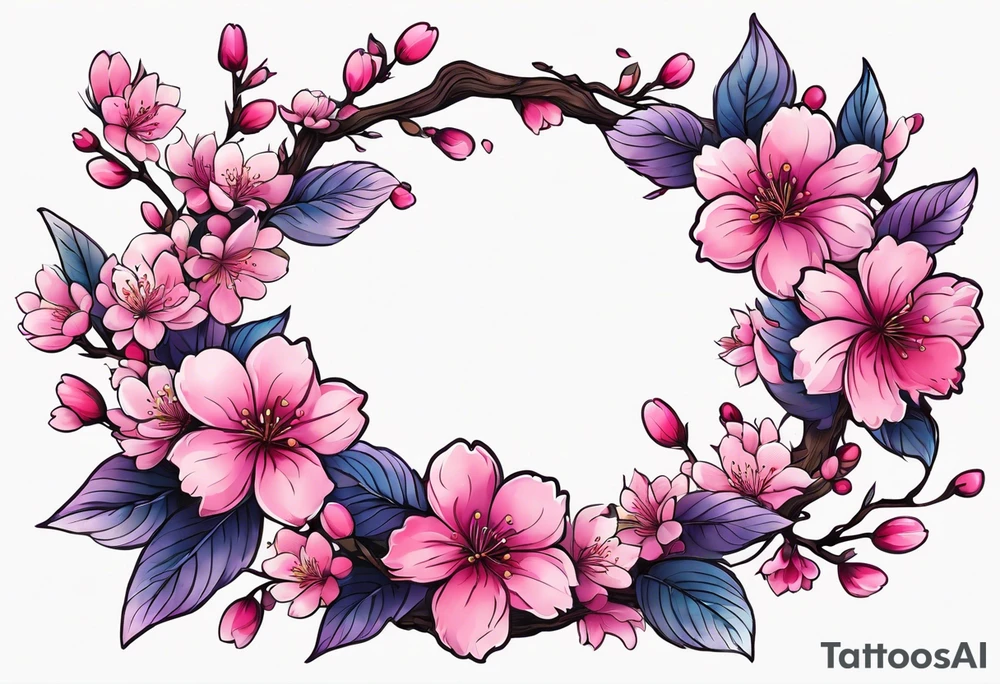 Flower wreath cherry blossoms lots of pinks and purples tattoo idea