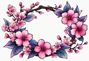 Flower wreath cherry blossoms lots of pinks and purples tattoo idea