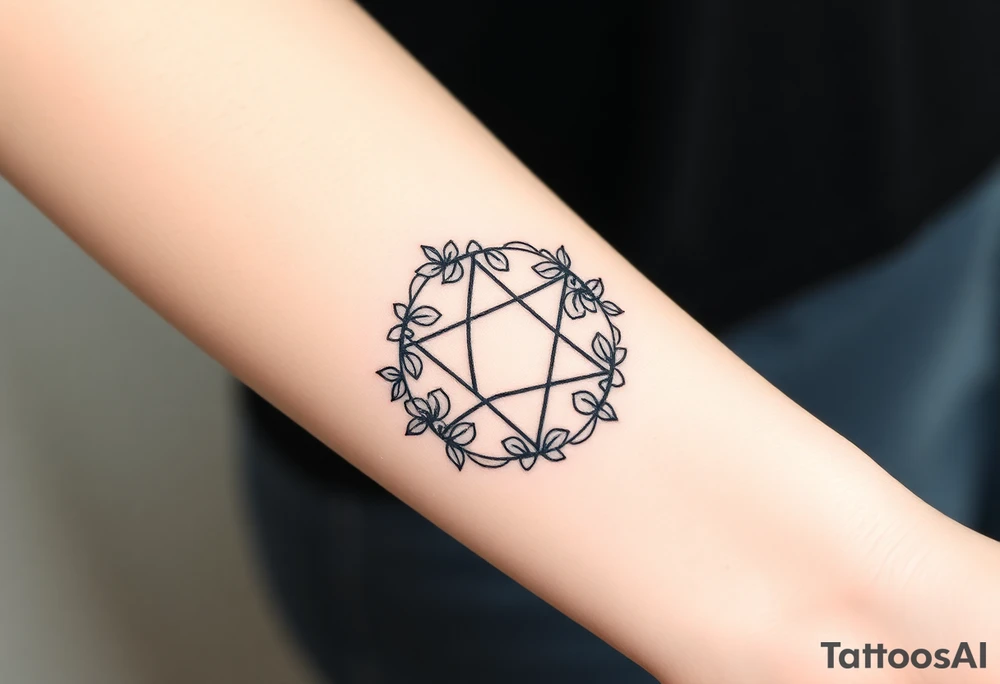 Enneagram symbol with large fine line florals that cover up the enneagram symbol tattoo idea