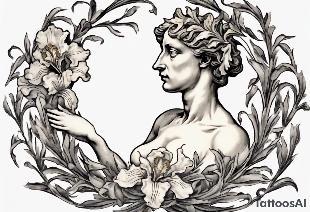 Create a colorful Vincent van Gogh Irises tattoo with an ancient Greek female statue in the middle in white marble. The tattoo should take the form of a crescent, with vines gracefully intertwining at a central point in the middle of the wreath.  The intended placement is on the upper chest. The overall design should be small in size while maintaining a delicate and artistic aesthetic. Pay attention to the graceful flow of the vines and the placement of the irises to achieve a refined and elegant look. tattoo idea