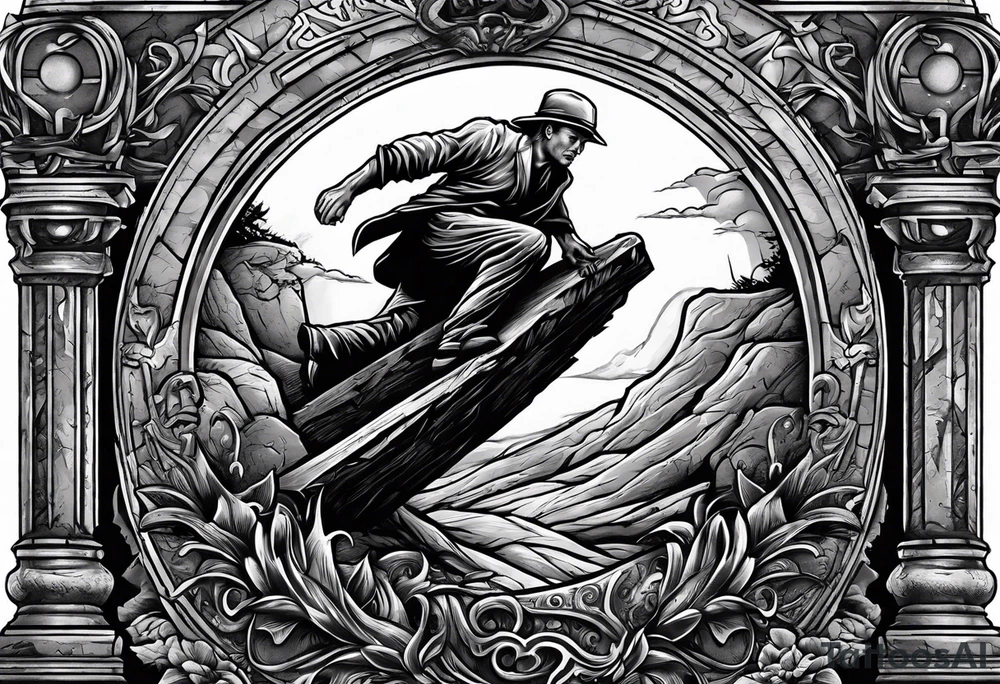 Man climbing out of grave. 
MIW Reincarnate written on gravestone tattoo idea