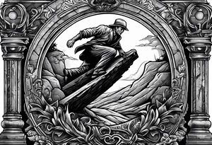 Man climbing out of grave. 
MIW Reincarnate written on gravestone tattoo idea